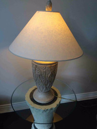 HOME DECOR: ACCENT TABLE WITH ROUND, GLASS TOP PLUS LAMP DESCRIP