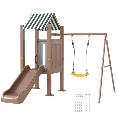 4-in-1 Kids Swing Set for Playground with Slide, Covered Fort, C, View more