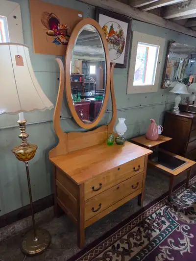 Antique Solid Wood Dresser with Swivel Mirror, View more