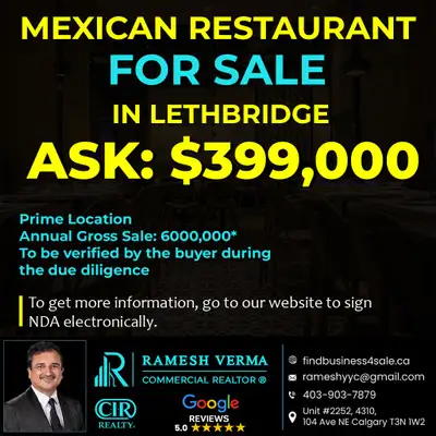 Prime Location Annual Gross Sale: $600,000* (To be verified by the Buyer during the Due Diligence)