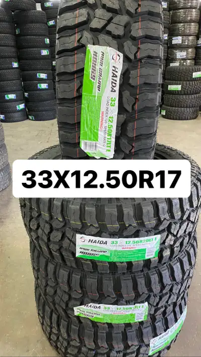 SIZE:33X12.50R17 NEW MUD TIRES WITH SNOW FLAT BRAND:HAIDA INSTALLATION AND BALANCE IS AVAILABLE SAME...