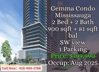 ️ Gemma Condo | Mississauga ️ 2 Bed | 2 Bath | 900 sqft + 81 sqft Balcony Southwest View | 1 Parking...