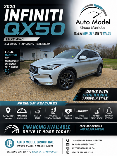 LUXURY MEETS PERFORMANCE 2020 INFINITI QX50 LUXE AWD 2.0L Turbocharged Engine • Automatic Transmissi...