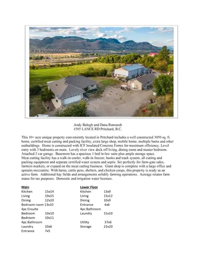 Property located in Pritchard B.C. featuring a 3050 sq ft Rancher ICF construction, Mobile home, Lar...