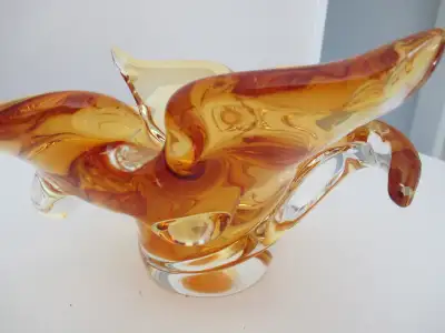 Vintage unique shape Chalet Art Glass Bowl from the 60's beautiful amber color heavy thick glass exc...