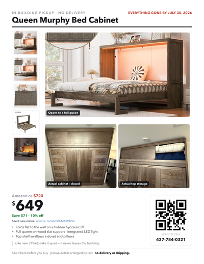 Queen Murphy Bed Cabinet - Hydraulic Lift, LED, Wood Slats, View more