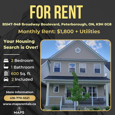 Bright & Spacious Basement Apartment (2 Bed, 1 Bath) Address: BSMT-948 Broadway Boulevard, Peterboro...