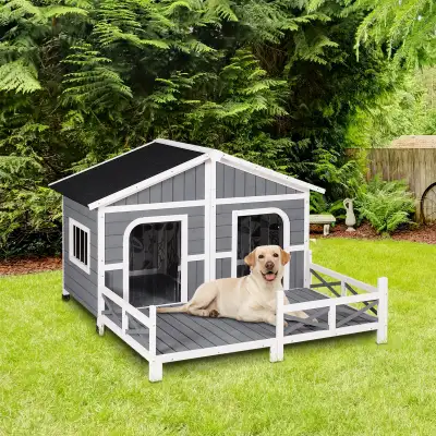 NEW LARGE WOODEN RAISED OUTDOOR DOG HOUSE DH3016L SALE $399.95 CABIN STYLE DOG HOUSE: This cabin sty...