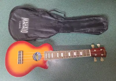 Mahalo Ukulele with case- Les Paul style soprano sunbrust, View more