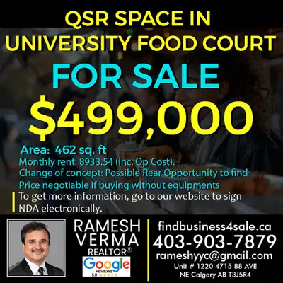 Rare Opportunity to Own a Established Restaurant space at the University of Calgary. Take advantage...