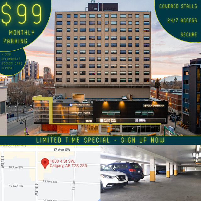 $140 Monthly Parking Beltline - 4th St - Monthly Covered Parking in Storage & Parking for Rent in Calgary