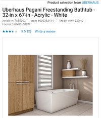 UBERHAUS PAGANI FREESTANDING BATHTUB 32''X67''ACRYLIC-WHITE NEW