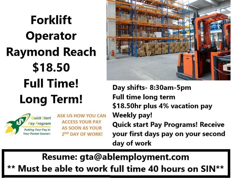 RAYMOND REACH COUNTER BALANCE FORKLIFT OPERATOR General Labour City
