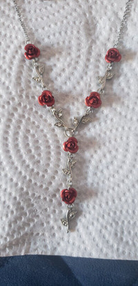 Necklace and Earrings, 20" adjustable chain, red roses,  NEW