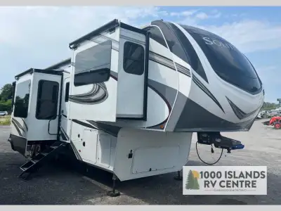 Grand Design Solitude fifth wheel 380FL highlights: Dual-Sink Vanity Full and Half Bath Separate Fro...