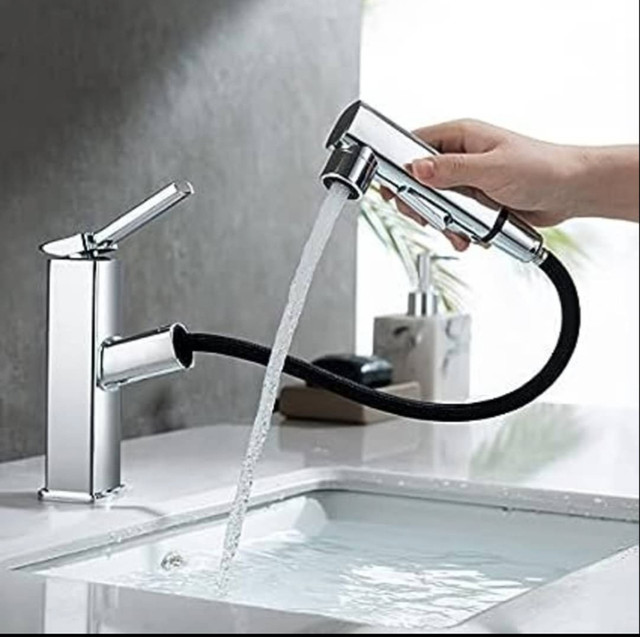 HANLIAN Single Hole Pull Out Faucet for Bathroom Sink, 3 Modes B in Kitchen & Dining Wares in Gatineau - Image 3