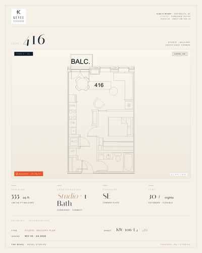 1 Bedroom Suite · 555 sq ft Kevel Studios — Suite 416 Furnished, turnkey residence at 16 Kings Wharf...