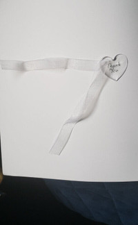 1.25 inch plastic heart with THANK YOU letters and ribbon, NEW