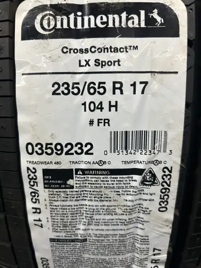 These NEW Continental Cross Contact LX Sport are TOP-LINE All Season tires. 4 NEW tires $60 Mail in...