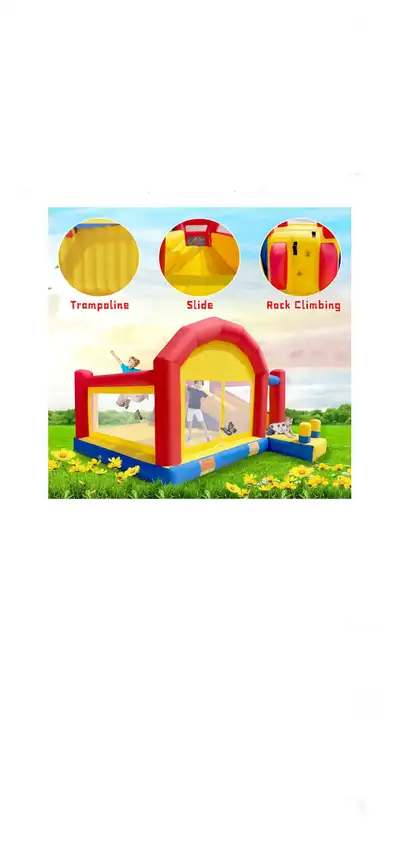 Indoor/outdoor kids bounce house jumping castle with trampoline, climbing wall and slide. Accommodat...