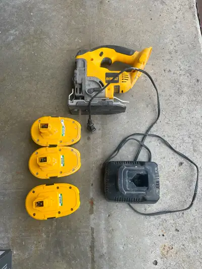Dewalt jig saw and battery charger and 3 batteries, View more