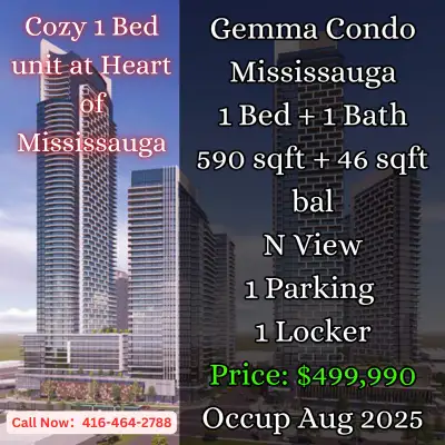 Assignment sale in the heart of Mississauga! Gemma Condos – 1 Bedroom, 1 Bathroom unit with a functi...