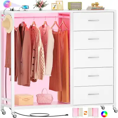 BRAND NEW - Cyclysio Dresser with Hanging Rack, 5 Fabric Drawers, View more