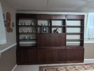 DARK WALNUT BOOKCASE WITH DESK AND STORAGE CABINETS, View more