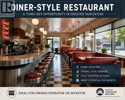 89 SEAT DINER STYLE RESTAURANT IN GASTOWN WITH LIQUOR LICENSE GOOD FROM 9:00AM TO 12 MIDNIGHT! THERE...