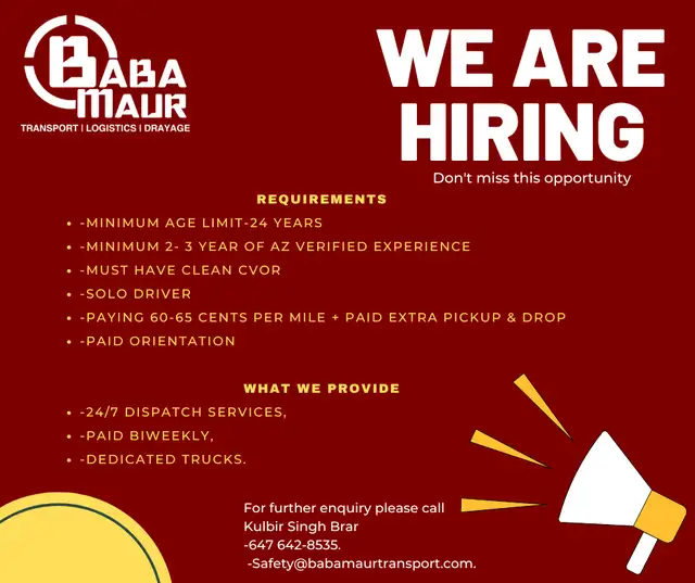 Baba Maur Transport now hiring Single & Team AZ drivers for USA in Drivers & Security in Mississauga / Peel Region - Image 2