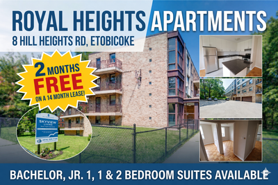 SKYVIEW HEIGHTS APARTMENTS - 8 HILL HEIGHTS ROAD, ETOBICOKE, ON SIGN A 14 MONTH LEASE GET 2 MONTHS F...