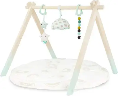 New B. Toys - Wooden Baby Play Gym - Activity Mat - Starry Sky - 3 Hanging Sensory Toys - Natural Wo...