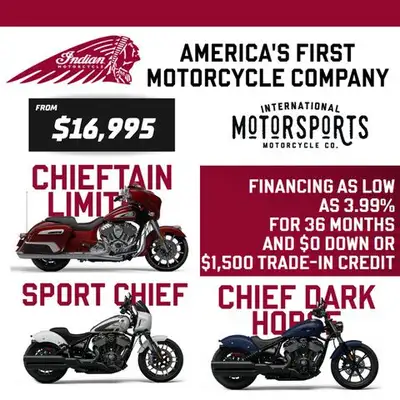 INDIAN MOTORCYCLE 2024 MODEL CLEARANCE Bagger Cruiser Scout FTR limited units, final markdowns. Chie...