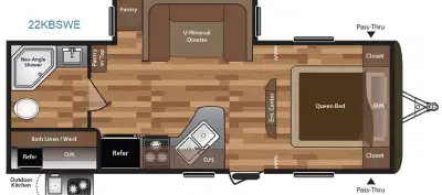 This Keystone Hideout travel trailer model 22KBSWE offers a spacious interior with rear bath layout,...