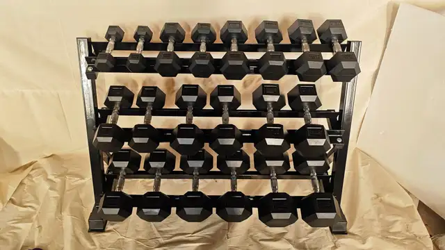 NEW 5-50 LB RUBBER HEX DUMBBELL WEIGHT SET & STAND 7225021 in Exercise Equipment in Prince Albert - Image 4