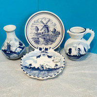 Vintage Delft blue Holland set, ashtray small pitcher vase shoes