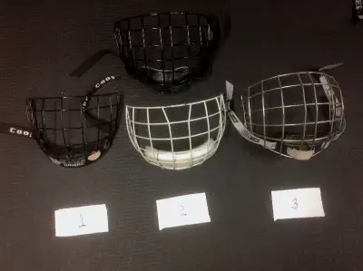 Used PHOTO 1 Row 1 Cooper youth size cage & chin guard strap 9.99 Row 2 Bauer junior size cage & chi...