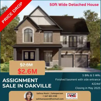 ASSIGNMENT SALE IN OAKVILLE. 50 FT DETACHED SELLING AT PURCHASE PRICE CLOSING MAY 2025 Main floor ro...