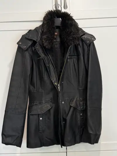Ladies hooded Black Leather 3/4 Jacket Size Small, View more
