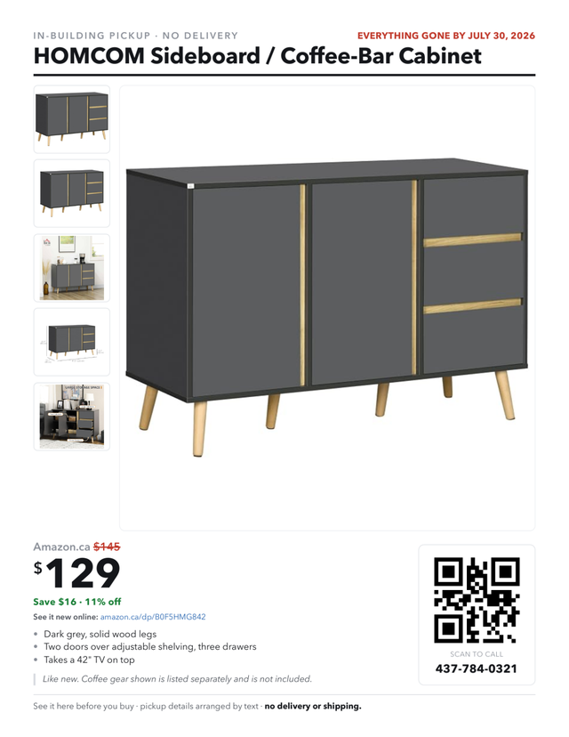 HOMCOM Sideboard Buffet Cabinet - Dark Grey, 3 Drawers 2 Doors in Hutches & Display Cabinets in City of Toronto - Image 2