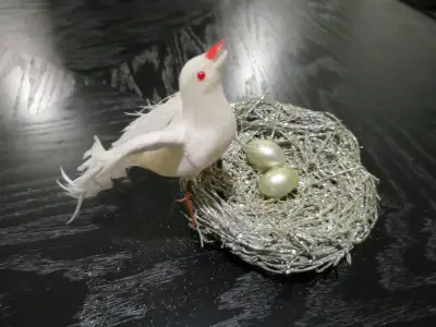 Silver Birds Nest -Two Silver Eggs - White Bird Christmas Décor, View more