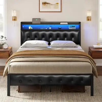 Queen Bed Frame with Storage Headboard LED Lights Charging ... I, View more