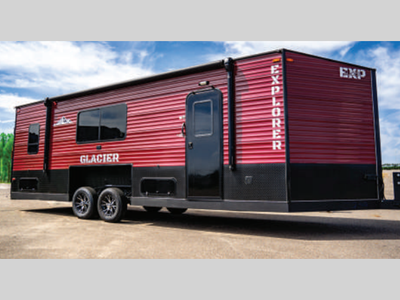 Glacier Ice House 24EXP highlights: Full Bath Set of Bunks Seven Ice Holes Power Awning Flip Down Ta...