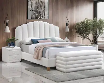 Valentina Soft White Teddy Bear Fabric Platform Bed Set, View more