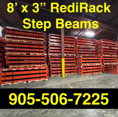 Used 8’ long x 3” thick RediRack pallet racking beams available, View more