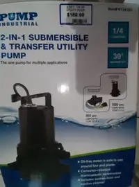 Brand New Submersible Utility Pump, 1/4 HP. 30 in Lift, 2 in 1
