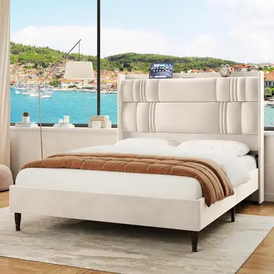 BRAND NEW - Queen Velvet Upholstered Headboard Bed Frame... LOT#, View more