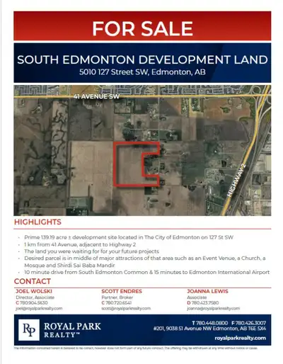 • Prime 139.19 acre ± development site located in The City of Edmonton on 127 St SW • 1 km from 41 A...