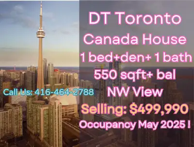 Canada House: Prime Downtown Toronto Location ️1 Bedroom + Den + 1 Bath, 550 sq ft + 133 sq ft balco...