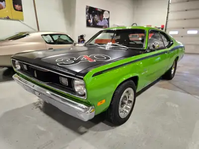 1970 Plymouth Duster. True E55 340 4-bbl car with a 4-speed in factory correct FJ6 Sassy Grass Green...